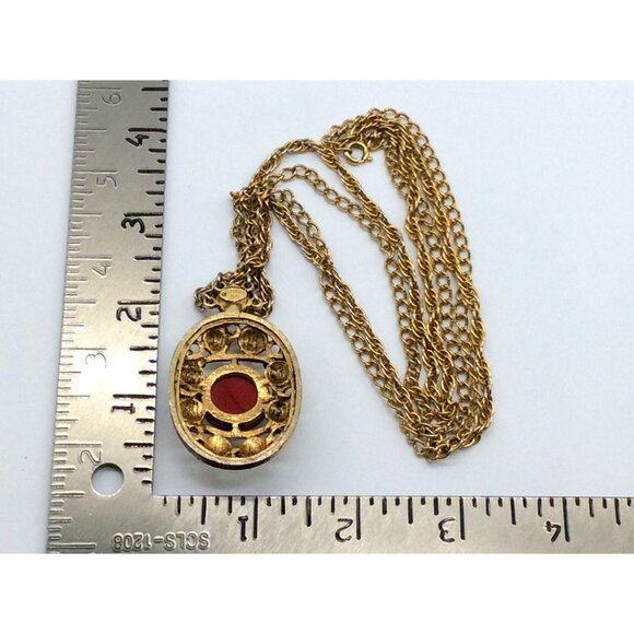 Vintage Gold-Tone Pendant Necklace With Red & White Floral Enamel Design Double - Picture 7 of 8